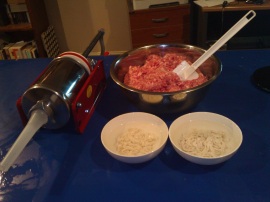 Sausage ingredients and equipment assembled.
